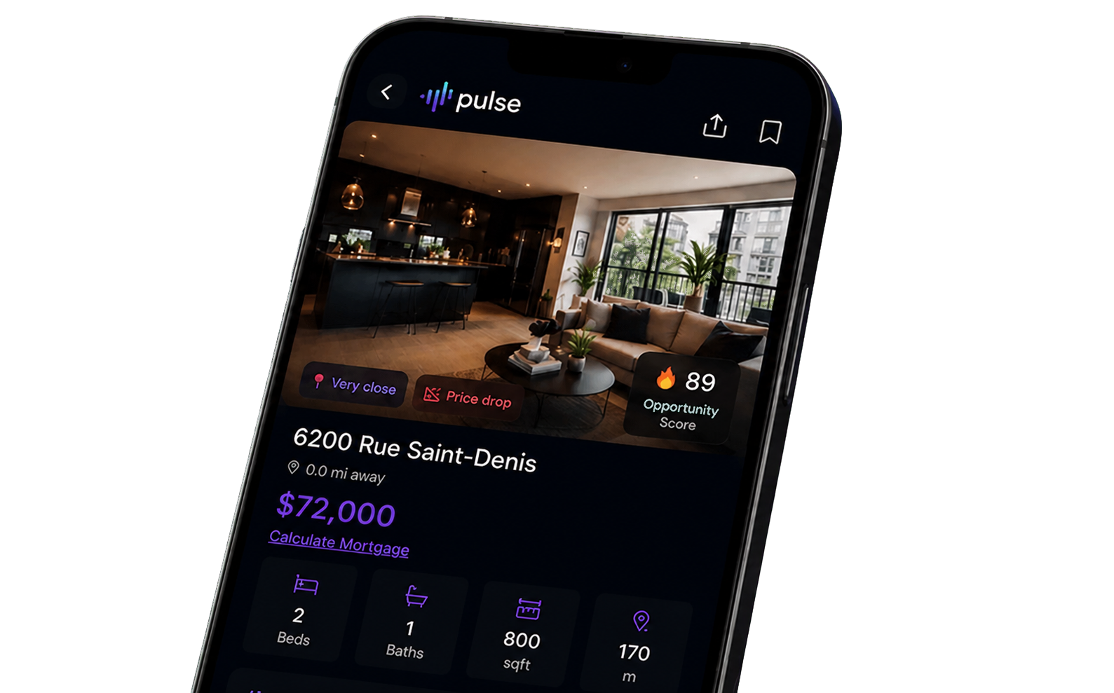 Pulse mobile app showing a nearby property and its Opportunity Score